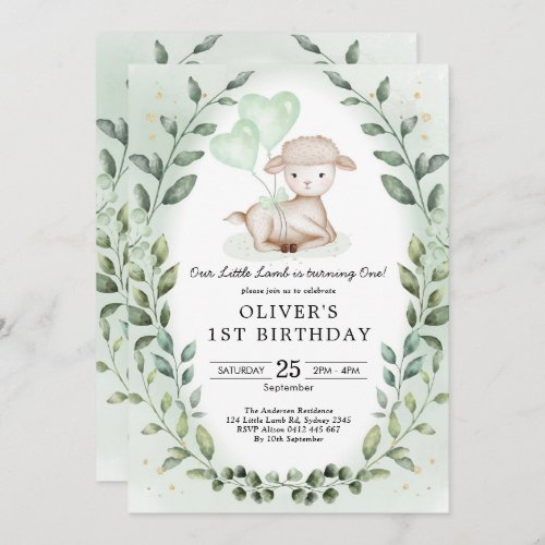 Greenery Lamb 1st Birthday Baby Sheep Party Invitation