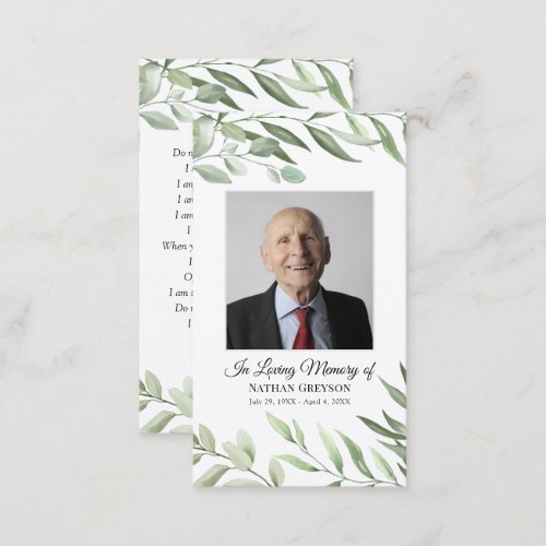 Greenery Laminated Photo Funeral Prayer Cards