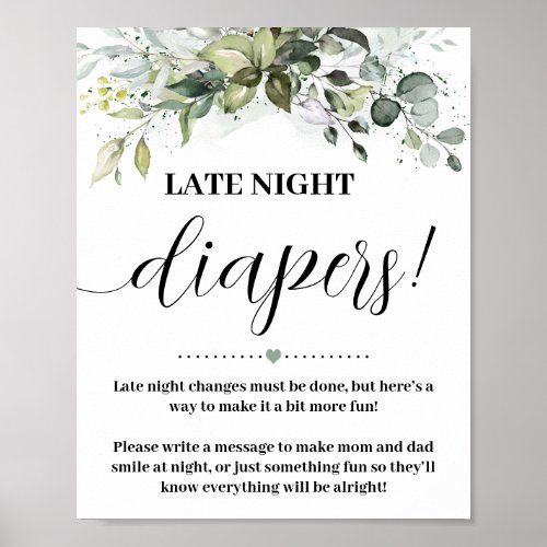 Greenery Late Night Diapers Baby Shower Game Sign
