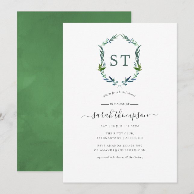 Greenery Laurel Crest Bridal Shower Invitation (Front/Back)