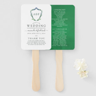 Greenery Laurel Crest Monogram Wedding Program Hand Fan