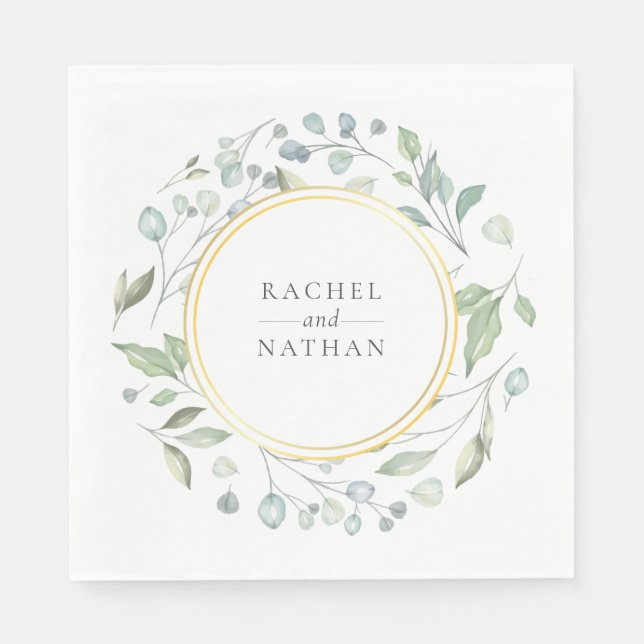 Greenery Laurel Garland Faux Gold Foil Wedding Napkins (Front)