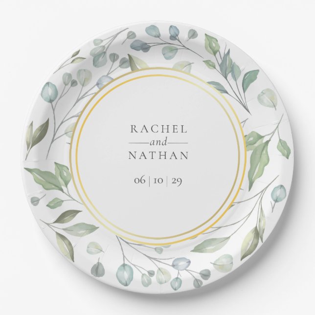 Greenery Laurel Garland Faux Gold Foil Wedding Paper Plates (Front)