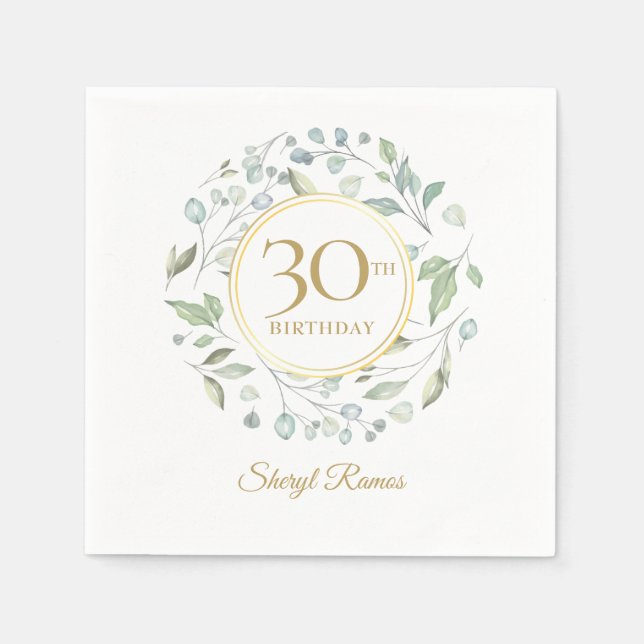 Greenery Laurel Garland Gold 30th Birthday Napkins (Front)