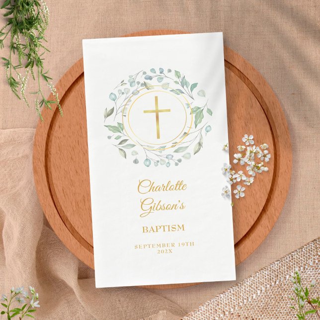 Greenery Laurel Garland Gold Baptism Christening Paper Guest Towels (Creator Uploaded)