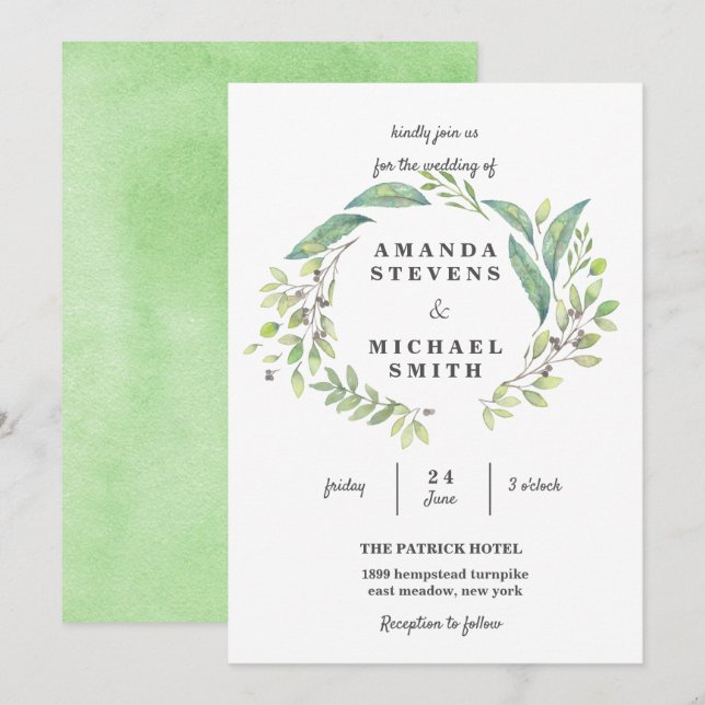 Greenery Laurel Olive Wreath Watercolor Wedding Invitation (Front/Back)