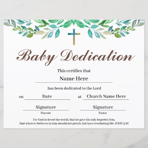 Greenery leaf Baby Dedication Certificate