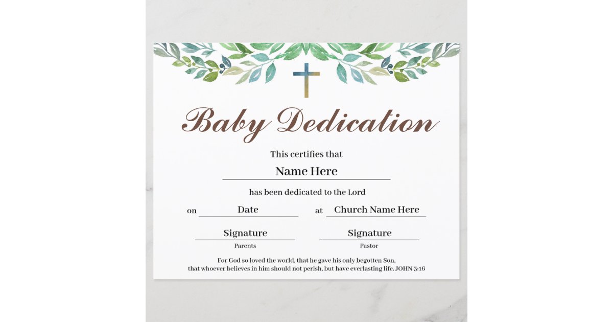 Greenery leaf Baby Dedication Certificate | Zazzle