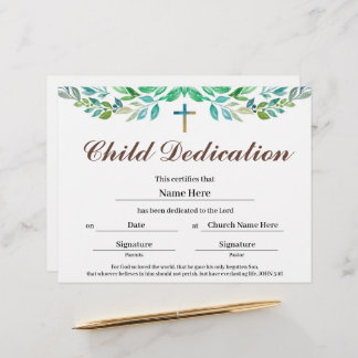 Greenery leaf Child Dedication Certificate 