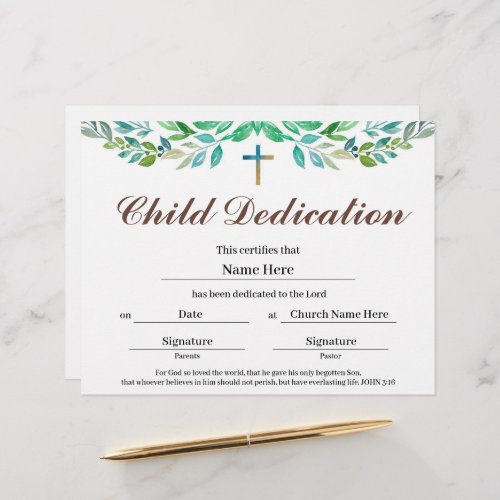 Greenery leaf Child Dedication Certificate 