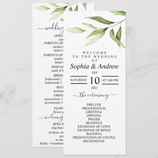 Greenery Leaf Floral Minimal Wedding Programs (Front/Back)