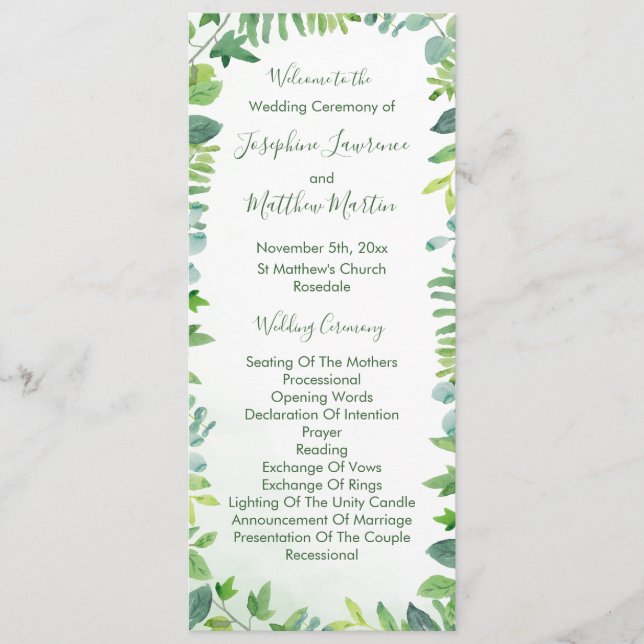 Greenery Leaf Foliage Watercolor Wedding Programs (Front)