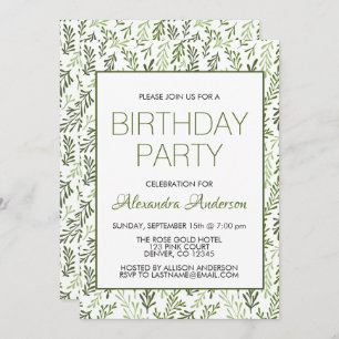 Greenery Leaf Pattern Elegant Birthday Party Invitation