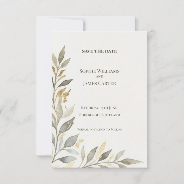 Greenery Leaf Save The Date Card (Front)