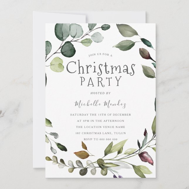 Greenery Leaf Wreath Watercolor Christmas Party Invitation (Front)