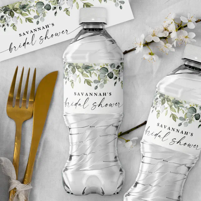 Greenery Leafy Branch Modern Script Bridal Shower Water Bottle Label ...