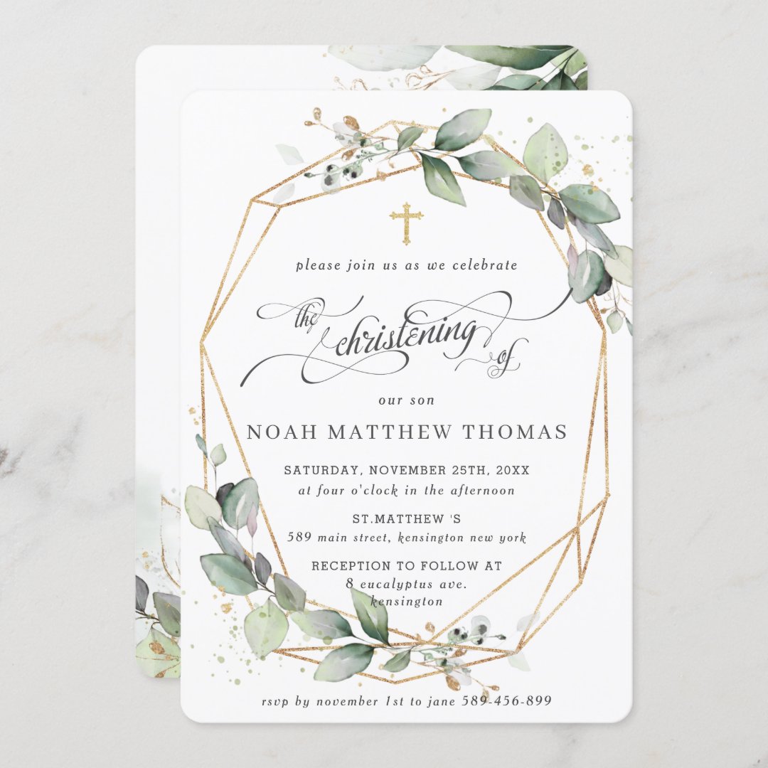 Greenery Leafy Foliage Christening Geometric Invitation | Zazzle