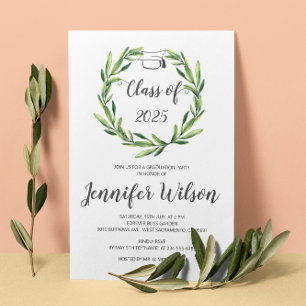Greenery Leafy Wreath Grad Cap Graduation Invitation