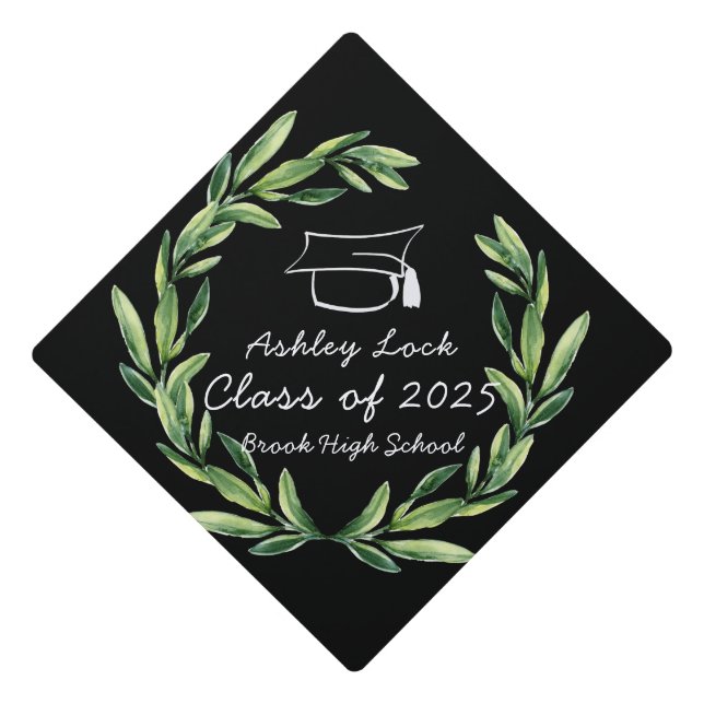 Greenery Leafy Wreath Name Class Year School Graduation Cap Topper (Front)