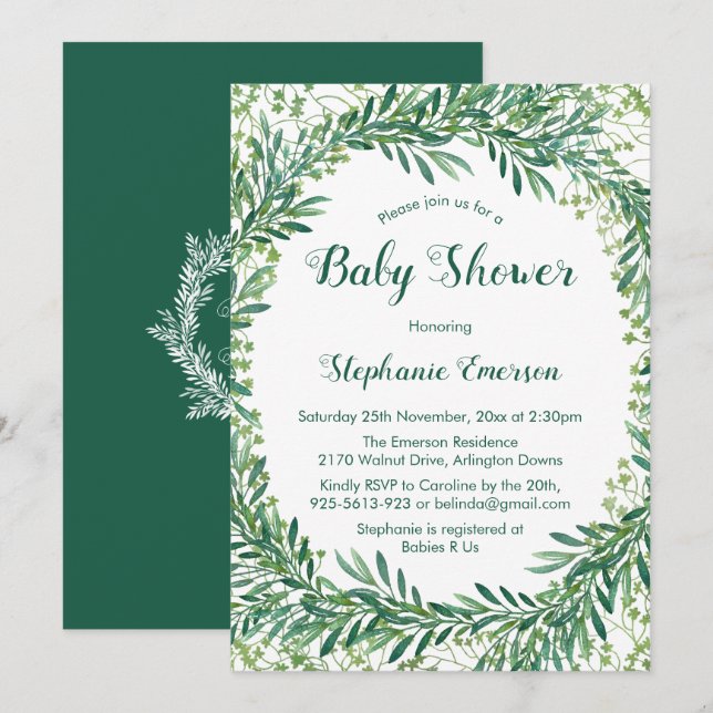 Greenery Leaves Baby Shower Invitations (Front/Back)