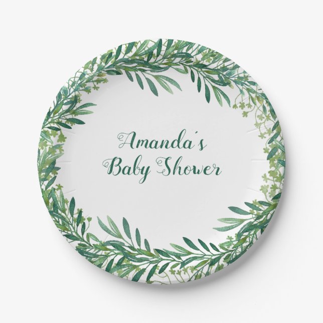 Greenery Leaves Baby Shower Personalized Paper Plates (Front)
