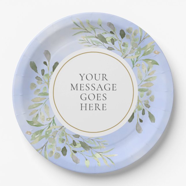 Greenery Leaves Blue Watercolor Celebration Paper Plates (Front)