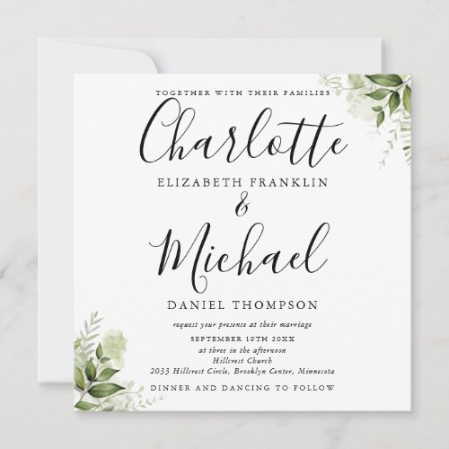 Greenery Leaves Botanical Elegant Script Wedding Invitation - Featuring greenery leaves and elegant signature style names, this stylish wedding invitation can be personalized with all your special wedding day information. Designed by Thisisnotme©