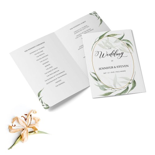 Greenery Leaves Calligraphy Wedding Folded Program