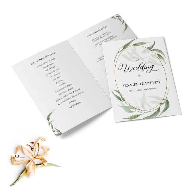 Greenery Leaves Calligraphy Wedding Folded Program (Creator Uploaded)