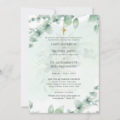 Greenery Leaves Catholic Nuptial Mass Wedding Invitation | Zazzle