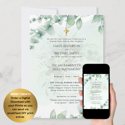 Greenery Leaves  Catholic Nuptial Mass Wedding Invitation