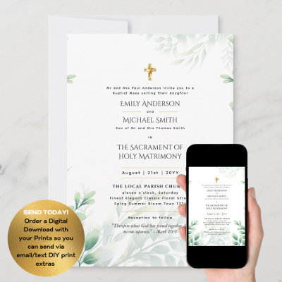 Greenery Leaves  Catholic Nuptial Mass Wedding Invitation