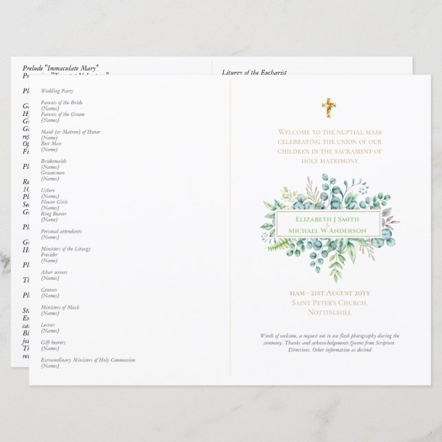Greenery Leaves Catholic Wedding Nuptial Mass      (Front/Back)