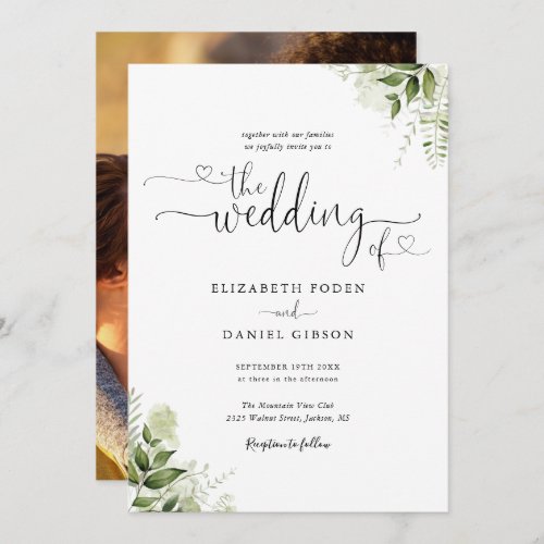 Greenery Leaves Chic Hearts Script Photo Wedding Invitation - This elegant greenery leaves wedding invitation can be personalized with your celebration details set in chic black and white typography and your special photo on the reverse. Designed by Thisisnotme©