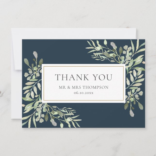Greenery Leaves Deep Sea Blue Wedding Thank You (Front)
