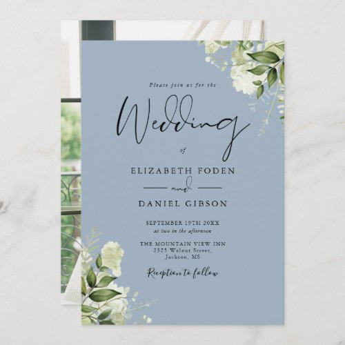 Greenery Leaves Dusty Blue Elegant Photo Wedding Invitation