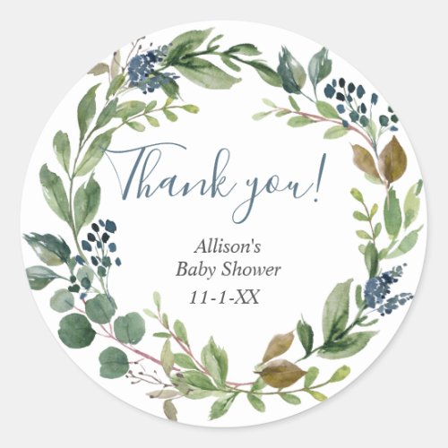 Greenery leaves dusty blue rustic floral foliage classic round sticker