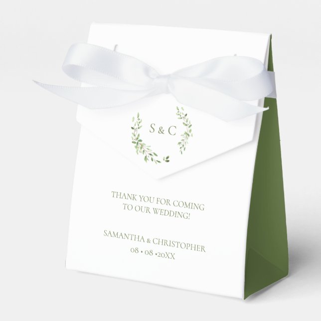 Greenery Leaves Elegant Monogram Wedding custom Favor Boxes (Front Side)
