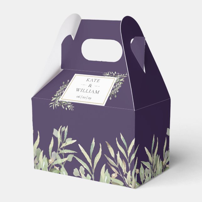 Greenery Leaves Elegant Purple Wedding  Favor Boxes (Front Side)