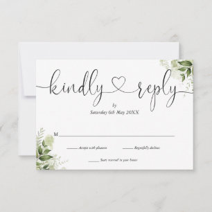 Greenery Leaves Elegant Script Heart Kindly Reply  RSVP Card