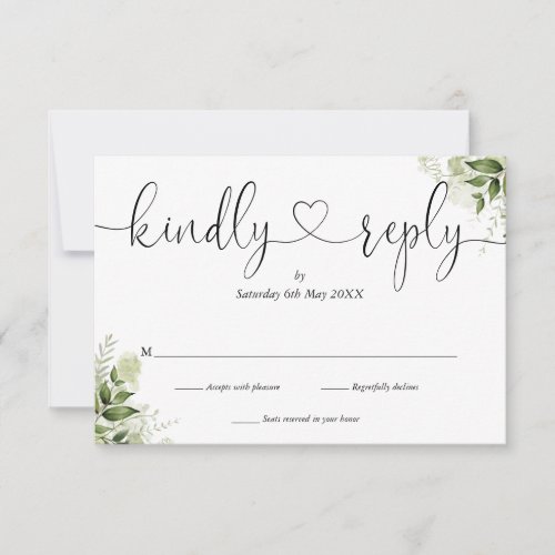 Greenery Leaves Elegant Script Heart Kindly Reply  RSVP Card - A simple elegant greenery leaves black and white script heart kindly reply RSVP card with your details set in chic typography. Designed by Thisisnotme©