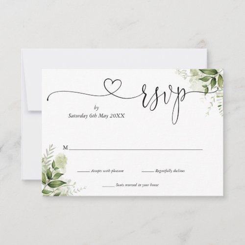 Greenery Leaves Elegant Script Heart RSVP Card - A simple elegant greenery leaves script heart kindly reply RSVP card with your details set in chic typography. Designed by Thisisnotme©