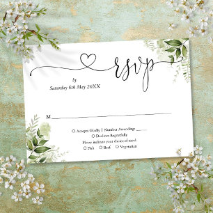 Greenery Leaves Elegant Script Heart RSVP Card
