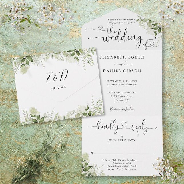Greenery Leaves Elegant Script Hearts Wedding All In One Invitation (Greenery Leaves Elegant Script Hearts Wedding All In One Invitation)