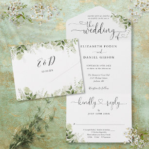 Greenery Leaves Elegant Script Hearts Wedding All In One Invitation