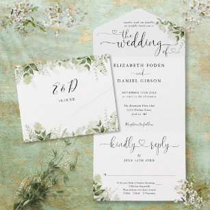 Greenery Leaves Elegant Script Hearts Wedding All In One Invitation