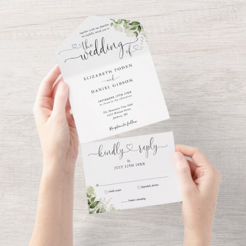 Greenery Leaves Elegant Script Hearts Wedding All In One Invitation - All in one elegant wedding invitation featuring greenery leaves and chic hearts script typography and monogram initials. The invitation includes a perforated RSVP card that’s can be individually addressed or left blank for you to handwrite your guest's address details. Designed by Thisisnotme©