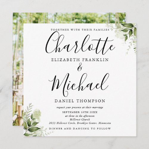 Greenery Leaves Elegant Script Photo Wedding  Invitation - Featuring greenery leaves and elegant signature style names, this stylish wedding invitation can be personalized with all your special wedding day information and special photo on the reverse. Designed by Thisisnotme©