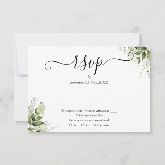 Greenery Leaves Elegant Script Wedding RSVP Card (Front)