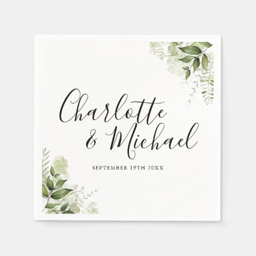 Greenery Leaves Elegant Signature Script Napkins - Featuring greenery leaves and signature style names, these elegant napkins can be personalized with your information in chic lettering. Designed by Thisisnotme©